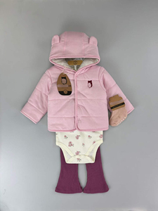 Ensemble de vêtements d'hiver pour bébé J35XL, 4 pièces, 3-18 mois, veste matelassée à capuche + body + pantalon + chaussettes, vêtements décontractés chauds doublés de polaire - Product Image 1