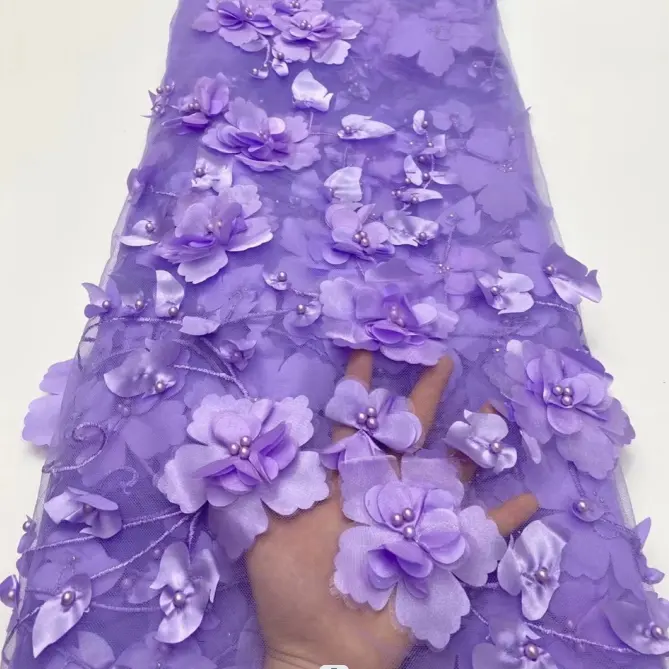 Tela de malla de tul bordada para mujer, tejido de poliéster de 130 cm de ancho con cuentas de lentejuelas en 3 d, tejido de flores rosas para vestido de novia de boda a la moda