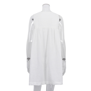 Abito da Notte Estivo in Cotone per Donna, Corto e Senza Maniche, Casual, con Bordo in Pizzo e Tessuto Crespo Bianco - Product Image 5
