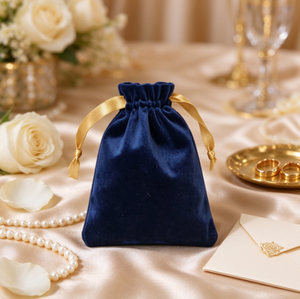 Premium Velour Drawstring Gift Bag, Deep Blue Velvet Pouch with <b>Gold</b> <b>Ribbon</b> for Jewelry, Perfume and Tiny Accessories Storage - Product Image 4