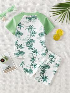 <span class=keywords><strong>Ensemble</strong></span> de maillot de bain pour bébé garçon à motif de cocotiers, respirant, en spandex/polyester, manches courtes, col rond, short, fabriqué en Chine - Product Image 2