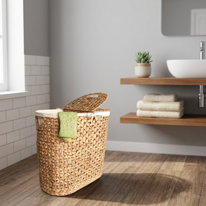 Panier de rangement ovale en jacinthe d'eau naturelle avec couvercle et poignées pour le rangement du linge, style rustique - Product Image 4