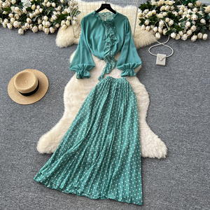 Traje de Dos Piezas para Mujer, <span class=keywords><strong>Blusa</strong></span> de Gasa <span class=keywords><strong>con</strong></span> Estampado Floral 3D de Manga <span class=keywords><strong>Larga</strong></span> + Conjunto de <span class=keywords><strong>Falda</strong></span> de Lunares de Cintura Alta - Elegante Vestido de Dos Piezas para Mujer - Product Image 2