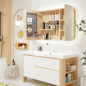 Modern Wooden Wind Curved Ceramic Ocean Basin Smart <b>Mirror</b> Cabinet with Wood Grain Bathroom <b>Vanity</b> Unit for Hospital Use - Product Image 5