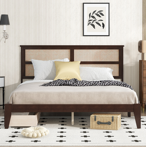 Modern King Size Adjustable Bed with Rattan <b>Headboard</b> Two Storage Drawers Oak Frame Enhanced Support Slats Feet 5-Year Warranty - Product Image 2