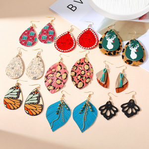 Pendientes colgantes con diseño de gota de agua, cuero estampado de leopardo, borla de hojas, joyería de moda para mujer - Product Image 1