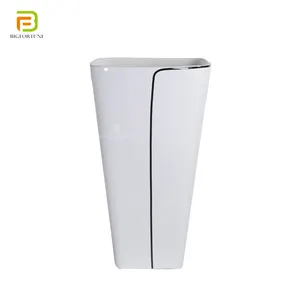 Modern Lavatory Square Pillar Black Line White Ceramic Bathroom Sink One-piece Wash Hand Pedestal Basin