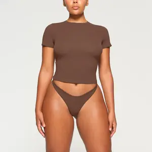 Kim style T-shirt décontracté personnalisable à col rond serré pour femme