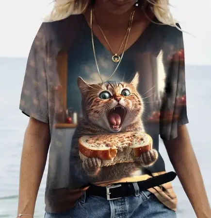 Verano último nuevo diseño 3D impresión manga corta Camiseta Animal gato dibujos animados cuello en V Casual mujeres camisetas
