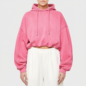 2024 New Arrival Oversize Printed Casual Breathable <b>Pink</b> Acid Wash Embossed Hooded Gym Crop <b>Top</b> <b>Women</b> Autumn Winter Front - Product Image 1