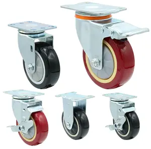 6202 roda kastor bantalan bola tunggal 4 inci roda Kastor putar merah pvc tugas berat industri dengan rem 100mm