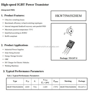 Tube IGBT stable haute performance 650V 75A, composant de puissance pour onduleur photovoltaïque et armoire de commande de moteur HKW75N65S2HEM_V1.4_EN - Product Image 2