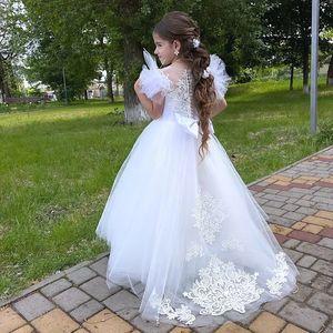 Özelleştirilmiş Saf Beyaz Çiçek Kız Elbise Düğün için Tül Aplikler Zarif Prenses Örgün Balo Mezuniyet Nedime Elbisesi - Product Image 3