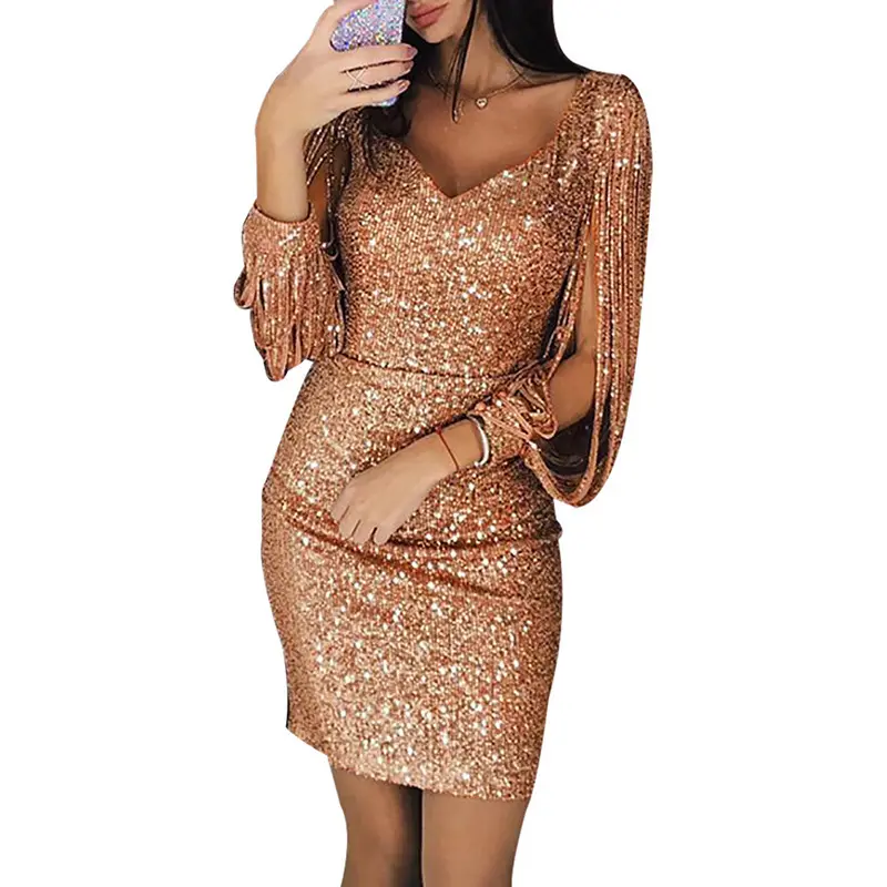 Женское сексуальное облегающее мини-платье с V-образным вырезом, длинным рукавом с кисточками и блестками, короткое Клубное платье с блестками, мини-платье для ночной вечеринки