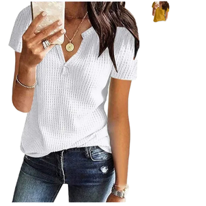 Camiseta de Manga Corta con Cuello en V de Punto Waffle Ecológico Antipilling para Mujer, Colección Primavera Verano 2026, Blusa Casual de Ajuste Holgado y Transpirable - Product Image 1