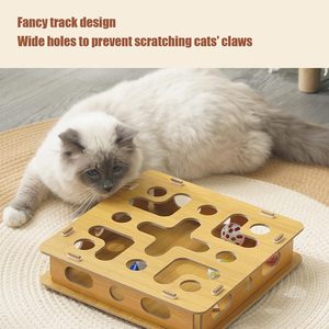 กล่องของเล่นแมว JQ Cat Wood พร้อมตะไบเล็บ กล่องปริศนาสำหรับแมว ตะไบเล็บพร้อมกระดิ่ง 2 ตัว สำหรับลูกแมว กระตุ้นการเล่น ข่วนเล่นในบ้าน - Product Image 4