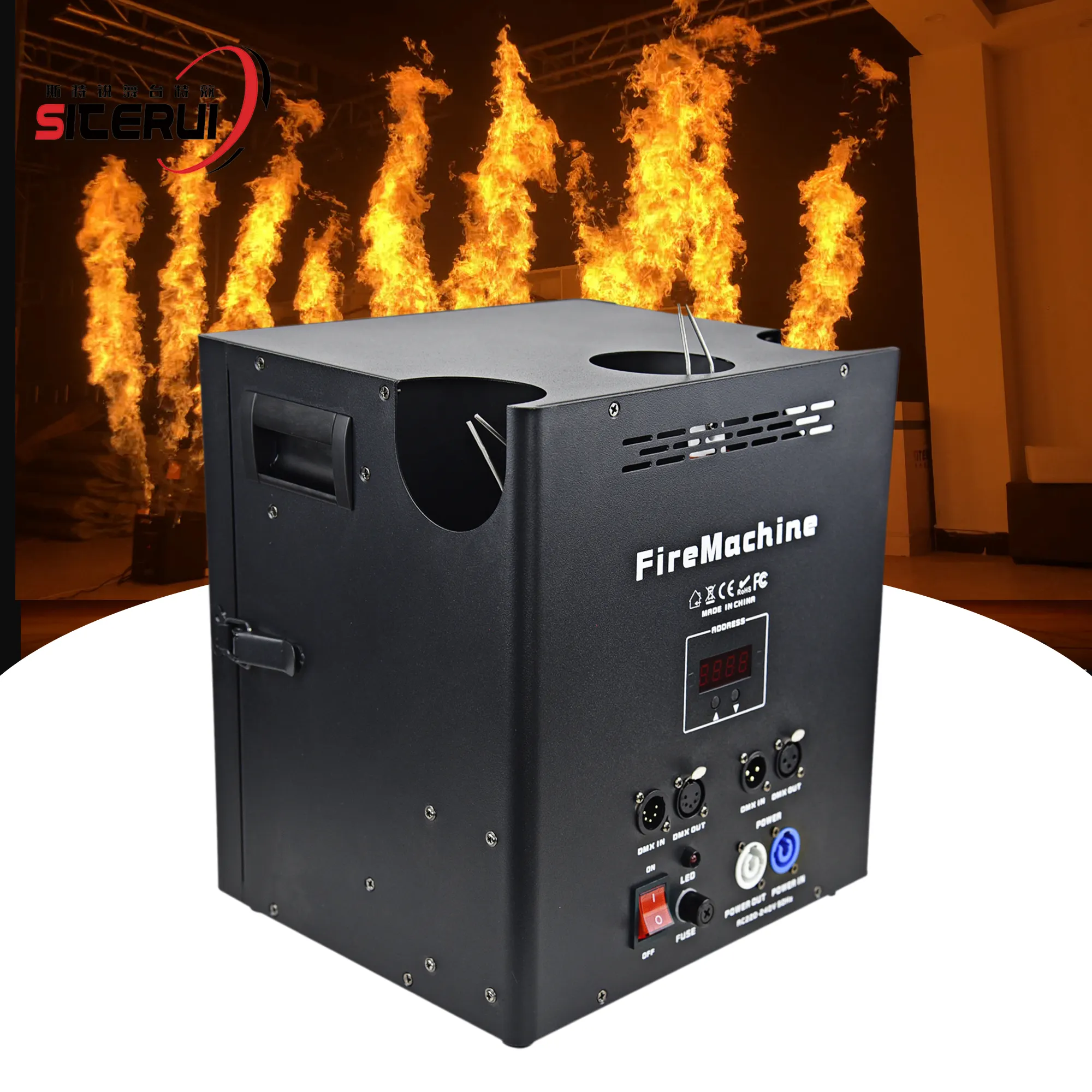 트리플 웨이 불꽃 프로젝터 화재 기계 dmx 야외 dj 불꽃 기계 5 dmx 채널