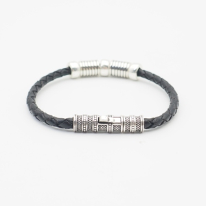 Acquista bracciale in vera pelle bracciale a fascia singola con perline in argento lucido - Product Image 2