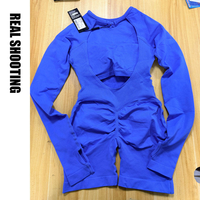 Jumpsuit Yoga Tanpa Jahitan Lengan Panjang Punggung Terbuka, Bahan Cepat Kering dengan Peregangan 4 Arah untuk Wanita, Cocok untuk Olahraga di Gym dan Fitness