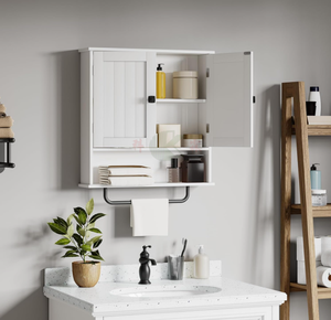 Armadietto da <span class=keywords><strong>Bagno</strong></span> a Parete con Portasciugamani, 2 Ante e Ripiano Regolabile, Bianco, per <span class=keywords><strong>Bagno</strong></span>, Lavanderia e Cucina - Product Image 2