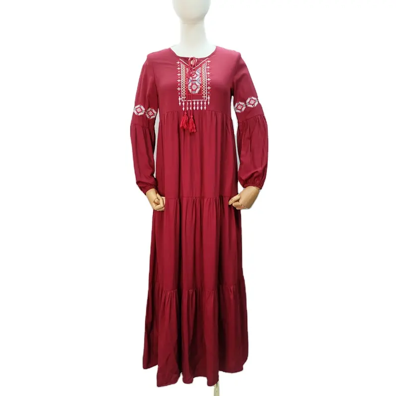 Toptan İslam tarzı işlemeli kadın elbise casual maxi abaya elbise müslüman uzun kollu püskül elbiseler