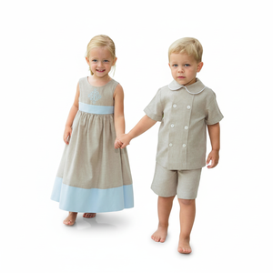 Ensemble assorti personnalisé en coton et <span class=keywords><strong>lin</strong></span> pour garçons, avec chemise à col Peter Pan et <span class=keywords><strong>short</strong></span>, idéal pour l'été - Product Image 2