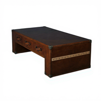 Table d'appoint vintage en cuir avec bandes de bois massif, table d'appoint rétro unique avec tiroir et rangement