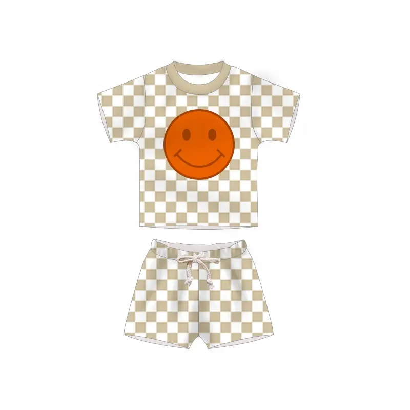 Shorts pour bébés avec étiquette personnalisée T-shirts d'été à carreaux à carreaux avec sourire Ensembles de vêtements pour bébés en polyester à manches courtes