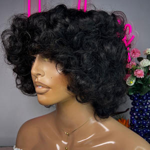 Perruques de cheveux Remy à double tirage, franges, boucles rebondissantes, vietnamiennes, densité 250%, noires, courtes, bouclées, grandes boucles, 10 pouces, sans dentelle - Product Image 1