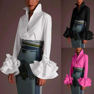 <span class=keywords><strong>Blusas</strong></span> y Camisas Casuales TP20 de Color Sólido con Mangas Acampanadas y Solapa Adornada con Lazo, Método de Tejido No Tejido - Product Image 2