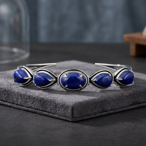 Gourik - Brazalete Abierto de Plata 925 con Lapislázuli Natural, Cabujón Ovalado de Varias Piedras, Oxidado, para Fiesta o Aniversario - Product Image 2