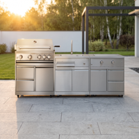 Armoires de cuisine extérieures modulaires personnalisées, style scandinave minimaliste, en acier inoxydable antirouille et imperméable, avec barbecue à gaz, évier et robinet