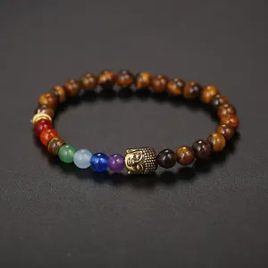 Nouvelle arrivée Bracelets tête de bouddha sept chakras Bracelet en cristal d'agate colorée