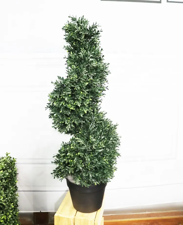 Tanaman Buatan Boxwood Spiral Bola Pohon Hijau Topiary Grosir Diawetkan Semprot Kotak Pryamid Kerucut Bulat Karangan Bunga Dalam Pot