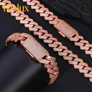 FealuxLuxury Collier Chaîne Maille Cubaine <span class=keywords><strong>Miami</strong></span> 15mm Largeur 4 Rangs Sertie <span class=keywords><strong>de</strong></span> Pierres CZ Plaqué Or Rose Bijoux Hip Hop - Product Image 1