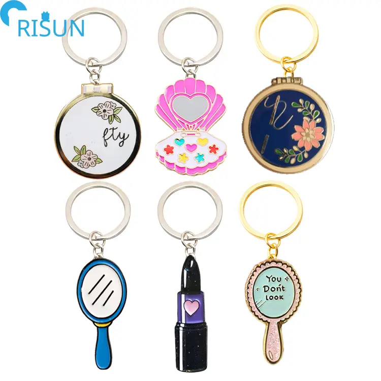 Manufacture Customized Sewing Enamel Keychain Custom Logo Llavero Keyring Seashell Makeup Keychains Mirror Lipstick Key