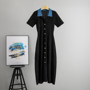 Vestido Midi de Punto de Manga Corta con Cuello Vaquero, Cuello en V, Color Sólido, Elegante y Casual para Mujer - Product Image 2