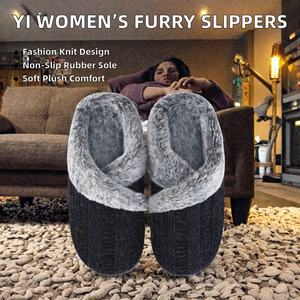 Women's Fuzzy Knit House <b>Slippers</b> Open Cross Strap Non Slip Round Toe Indoor Winter Shoes - Product Image 2