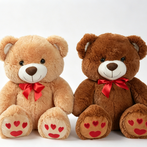 Customized ght <b>Tan</b> & Dark <b>Brown</b> Matching Stuffed Bears with Red Satin Bows & Embroidered Heart Paw Prints - Product Image 1