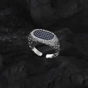 Anel de prata esterlina S925 com estampa de diamante azul retrô, elegante, versátil, simples e sofisticado, nicho