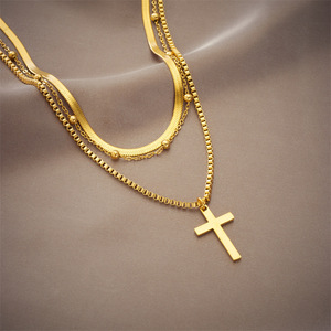 <b>Cross</b> Pendant Necklace Multi Layer Gold Stainless Steel Hip Hop Fashion Jewelry Geometric Design For Men Women - Product Image 2