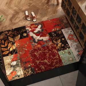 Paillasson de luxe rectangulaire patchwork vintage motif grue et fleurs brodées pour entrée de maison en PVC, entretien facile - Product Image 2