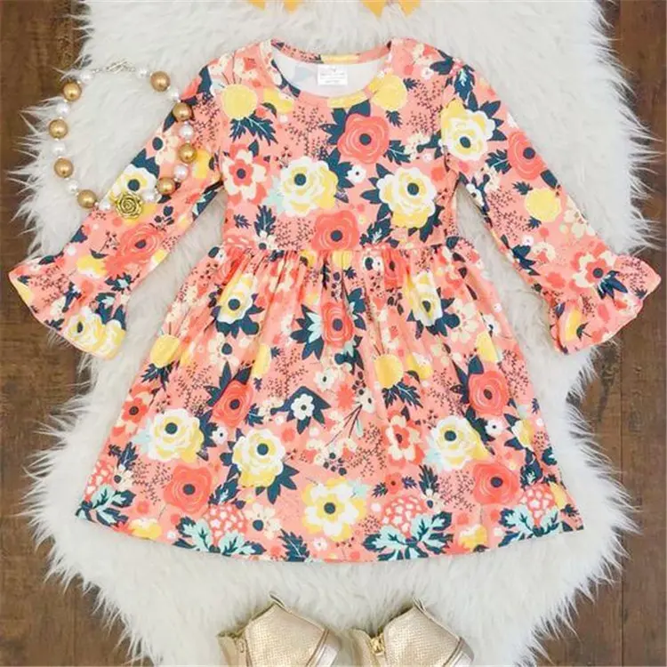 Hot sale children clothing daily wear long sleeve boutique Coral Floral Bell Sleeve baby girls dress