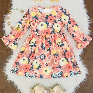 Hot Sale Kinderen Kleding Dagelijks Te Dragen Lange Mouwen Boetiek Koraal Gebloemd Bell Mouw Baby Meisjes Jurk Kinderen Kleding