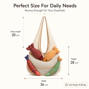 Bolso de Hombro Tejido con Borlas Estilo Bohemio Retro con Diseño de Pez Pequeño y Adorable, Bolso Tote de Ganchillo con Decoración de Pez 3D y Tejido Calado para Mujer, Regalo - Product Image 4