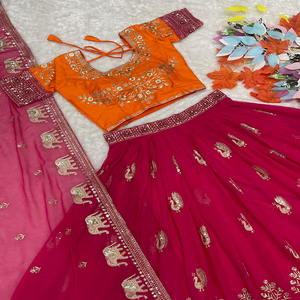 Indian Bridal Ensemble Faux Georgette Fabric with Intensive Mirror Artwork Sequin Shine and Heavy <b>Ornamental</b> Borders - Product Image 6