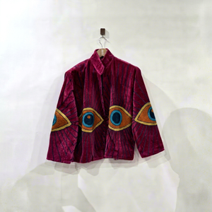 Veste en velours rose pour femme, brodée main motif œil porte-bonheur, style vintage ethnique bohème, ouverte sur le devant, courte, décontractée, pour l'hiver, vente en gros - Product Image 1
