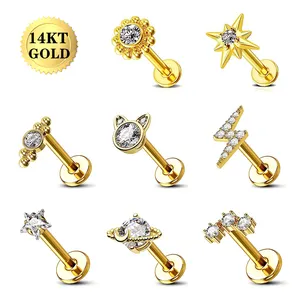 Toposh étoile lune fleur 14K or massif clair CZ Labret Cartilage Tragus Daith boucles d'oreilles nez anneau Piercing bijoux