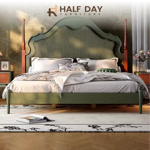 JD French Retro <b>White</b> Ash Solid Wood Adjustable Full Size Upholstered Bed Frame Grade Corduroy Luxury Soft Cushion Platform Bed - Product Image 3