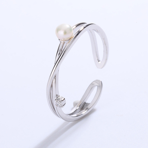 S925 <b>Silver</b> Double Layer Cross Freshwater Pearl Open <b>Ring</b> Minimalist CZ Geometric <b>Adjustable</b> Pearl Jewelry for Women - Product Image 3